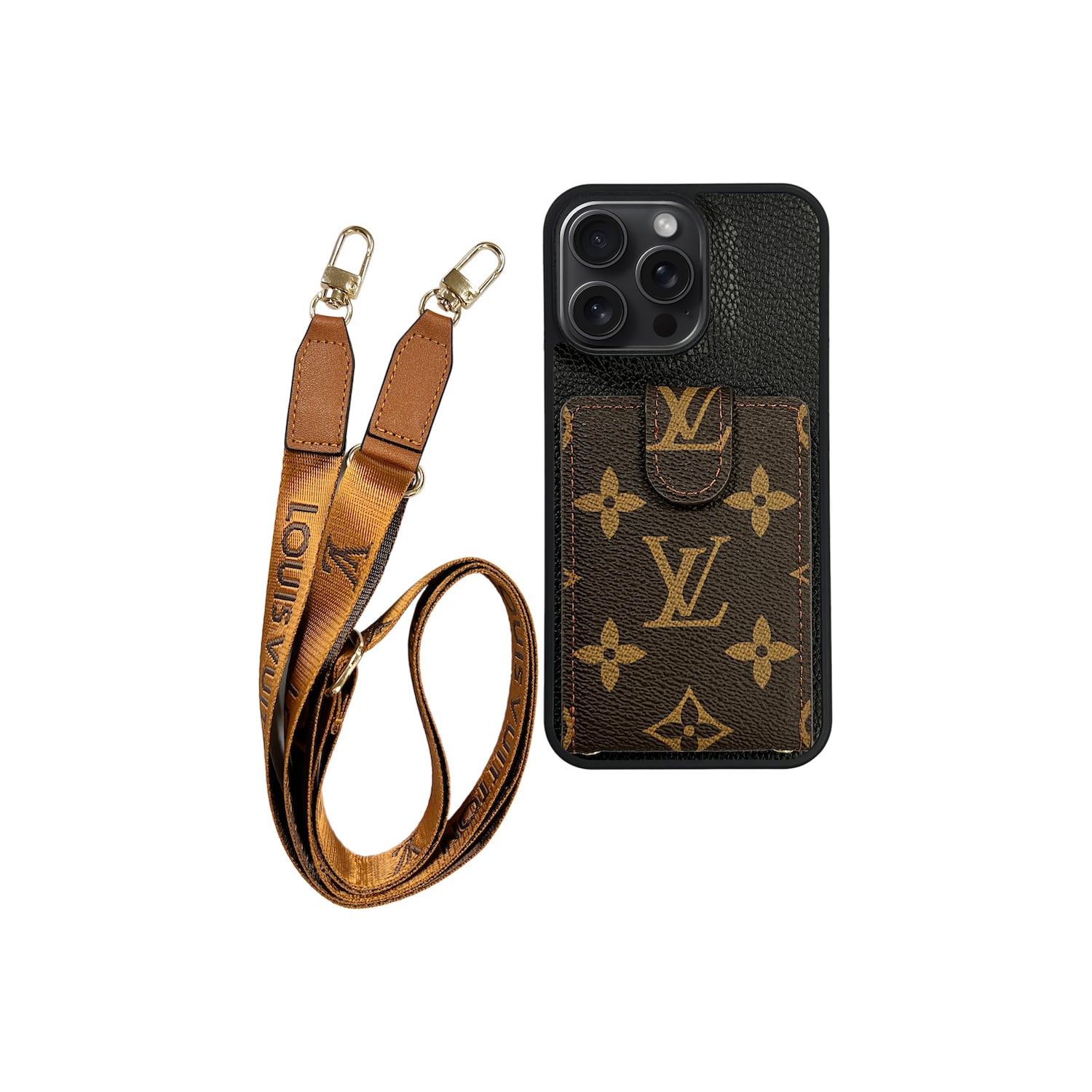 LV BLACK AND BROWN MONOGRAM CARDHOLDER FULLY COVERED LANYARD