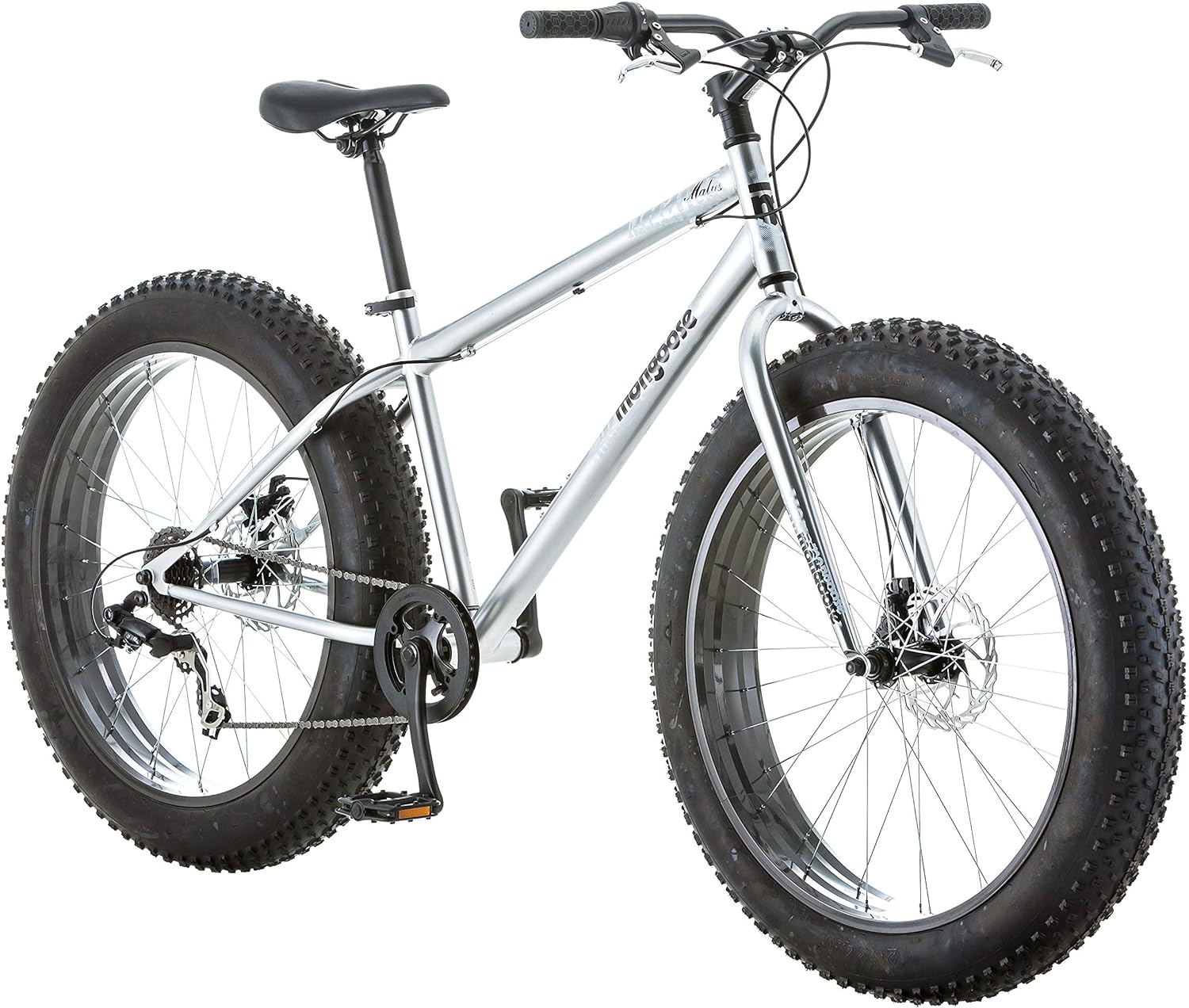 Malus Mens and Women Fat Tire Mountain Bike, 26-Inch Bicycle Wheels, 4-Inch Wide Knobby Tires, Steel Frame, 7 Speed Drivetrain, Shimano Rear Derailleur, Disc Brakes