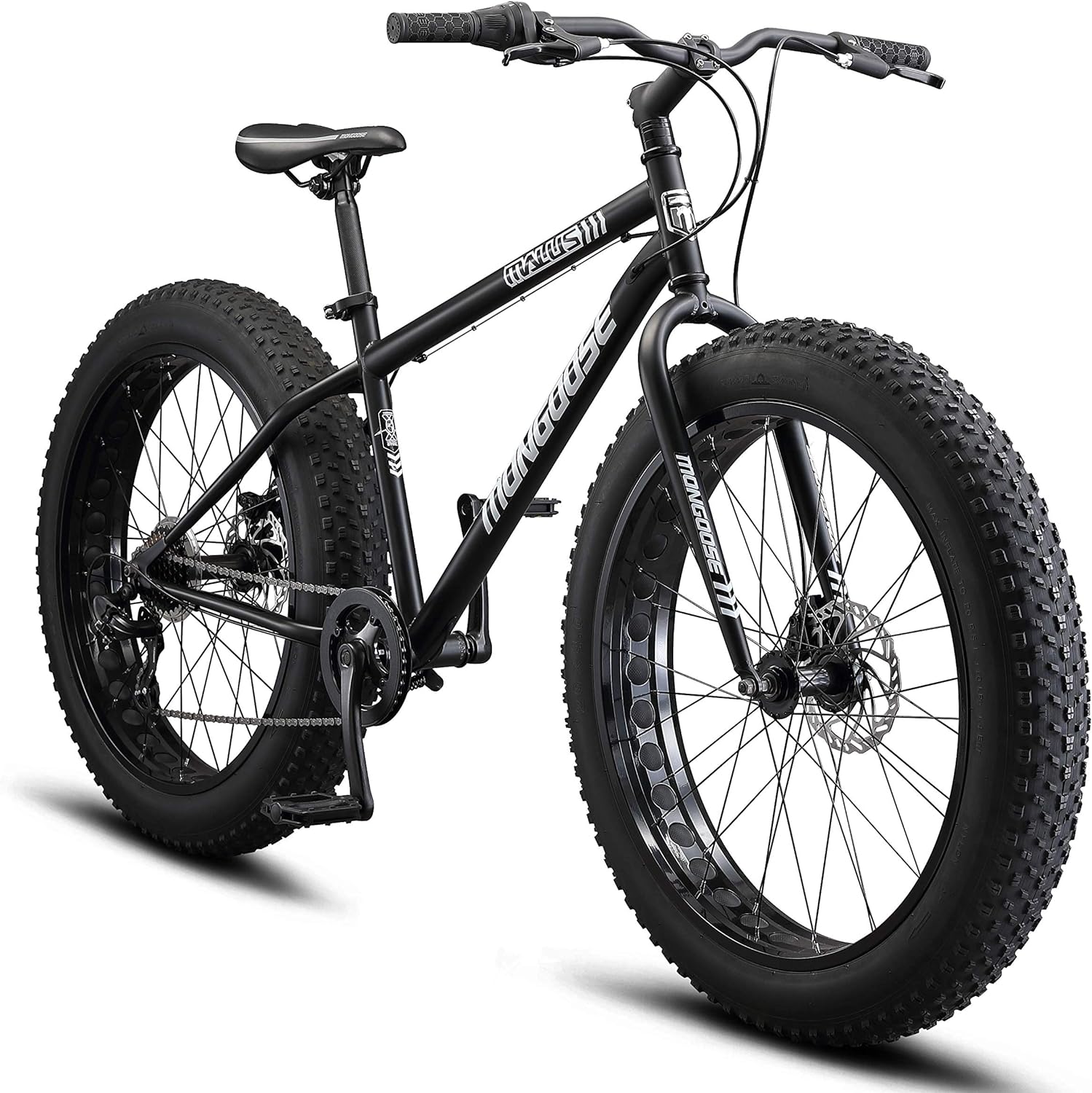 Malus Mens and Women Fat Tire Mountain Bike, 26-Inch Bicycle Wheels, 4-Inch Wide Knobby Tires, Steel Frame, 7 Speed Drivetrain, Shimano Rear Derailleur, Disc Brakes