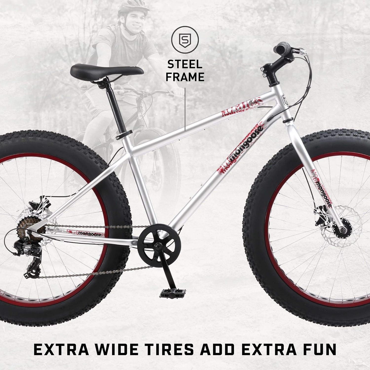Malus Mens and Women Fat Tire Mountain Bike, 26-Inch Bicycle Wheels, 4-Inch Wide Knobby Tires, Steel Frame, 7 Speed Drivetrain, Shimano Rear Derailleur, Disc Brakes