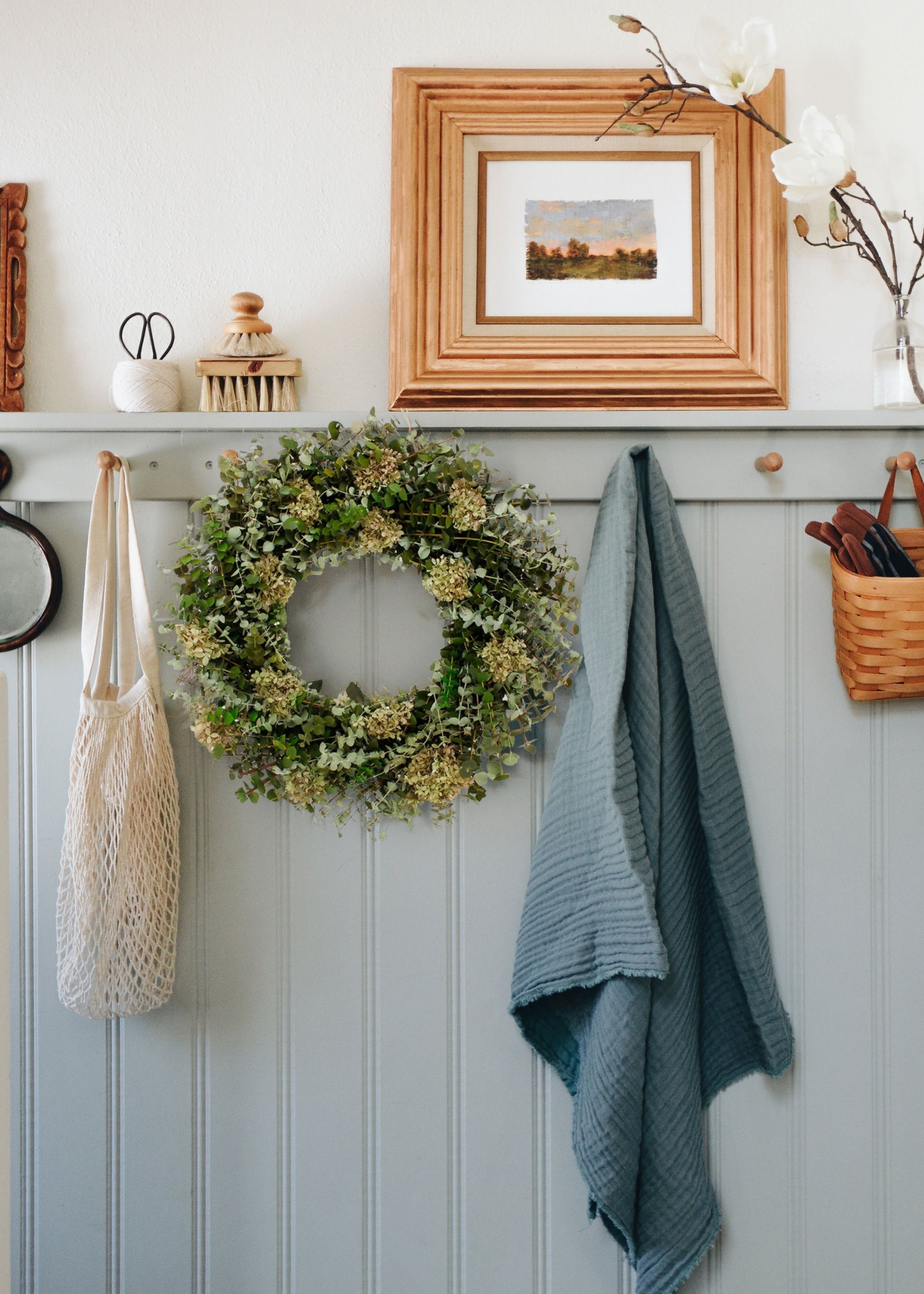 Mixed Green Preserved Eucalyptus and Hydrangea Wreath - 22"