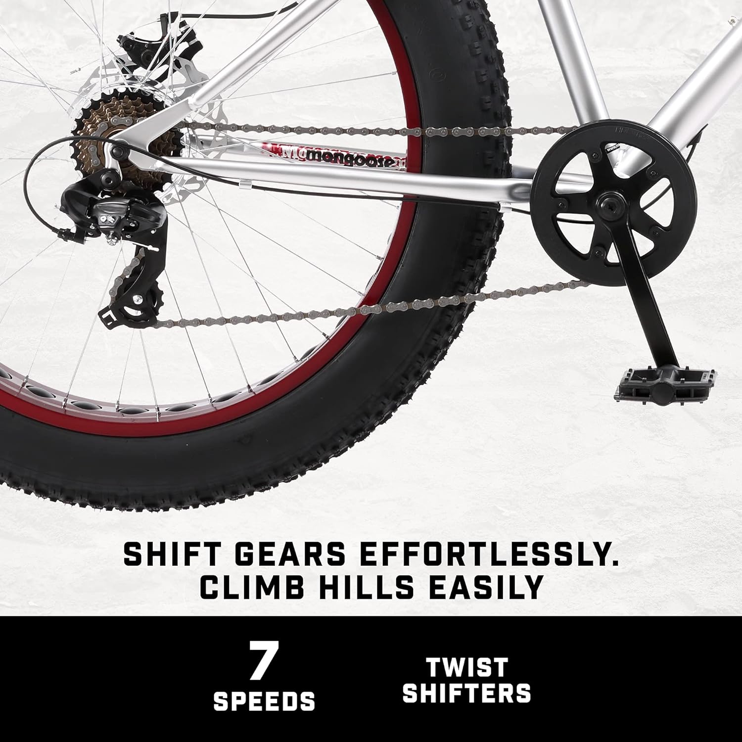 Malus Mens and Women Fat Tire Mountain Bike, 26-Inch Bicycle Wheels, 4-Inch Wide Knobby Tires, Steel Frame, 7 Speed Drivetrain, Shimano Rear Derailleur, Disc Brakes