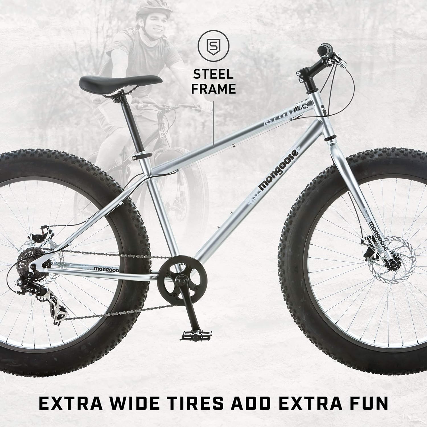 Malus Mens and Women Fat Tire Mountain Bike, 26-Inch Bicycle Wheels, 4-Inch Wide Knobby Tires, Steel Frame, 7 Speed Drivetrain, Shimano Rear Derailleur, Disc Brakes